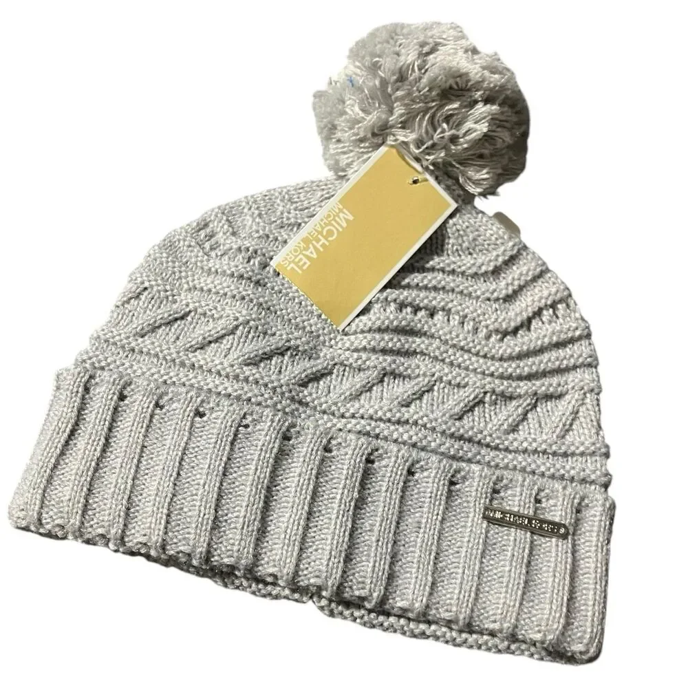 Michael Kors Gray Cable Knit Pom Beanie Womens One Size Winter Hat‎